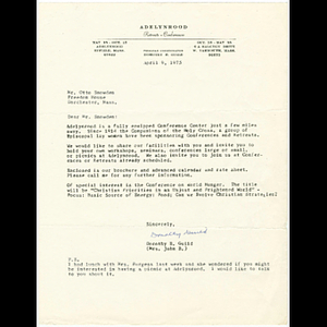 Letter to Otto Phillip Snowden from Dorothy B. Guild about Adelynrood conference center