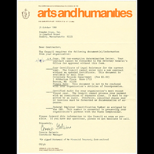 Letter from Connie Galanis of the Commonwealth of Massachusetts Council on the Arts and Humanities to Freedom House asking for an IRS tax-exemption determination letter