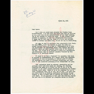 Letter from Muriel Snowden to Dr. and Mrs. Harold Case about speaking at Freedom House