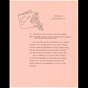 Letter from Jim Purdy and Muriel Snowden to participants in the Interracial Home Visit Program