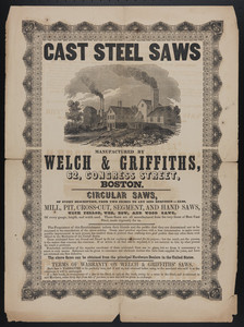 Advertisement for Cast steel saws manufactured by Welch & Griffiths