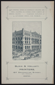 Handbill for Blair & Hallett, printers, 197 Devonshire Street, corner Franklin, Boston, Mass., September 1889