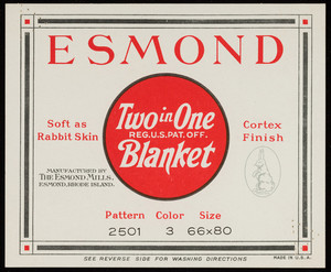 Label for Esmond Blankets, manufactured by The Esmond Mills, Esmond, Rhode Island, undated