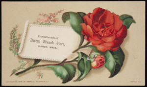 Trade card for Boston Branch Store, pharmacy, Quincy, Mass., 1878