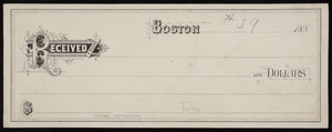 Check sample, decorated letter "R," Fred. W. Barry, stationer and bookseller, 58 & 60 Cornhill, Boston, Mass., 1880s