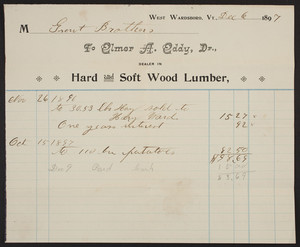 Billhead for Elmer A. Eddy, Dr., hard and soft wood lumber, West Wardsboro, Vermont, dated December 6, 1897