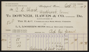 Billhead for Downer, Hawes & Co., Inc., Dr., corsets, Bridgeport, Connecticut, dated October 17, 1902