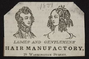 Advertisement for Ladies' and Gentlemens' Hair Manufactory, 18 Washington Street, Boston, Mass., 1851