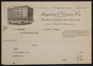 Billhead for Bigelow & Dowse Co., hardware, cutlery & auto. accessories, 215-233 Franklin Street, Boston, Mass., dated May 13, 1927