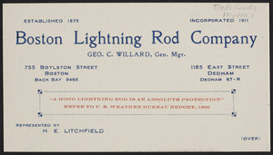 Trade card for the Boston Lightning Rod Company, 755 Boylston Street, Boston and 1185 East Street, Dedham, Mass., undated