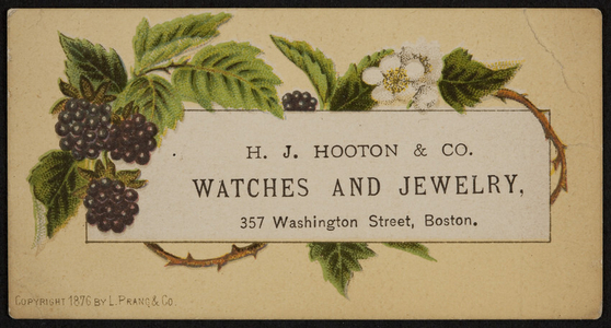 Trade card for H.J. Hooton & Co., watches and jewelry, 357 Washington Street, Boston, Mass., 1876