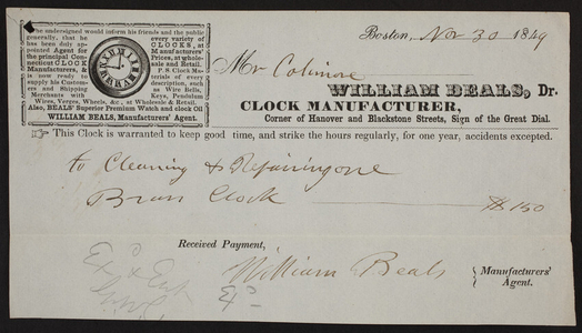 Billhead for William Beals, Dr., clock manufacturer, corner of Hanover and Blackstone Streets, Boston, Mass., dated November, 30, 1849
