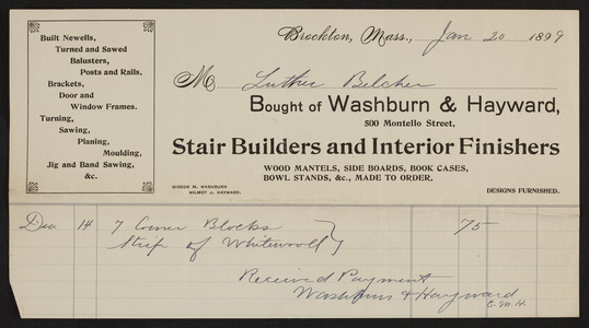 Billhead for Washburn & Hayward, stair builders and interior finishers, 500 Montello Street, Brockton, Mass., dated January 20, 1899