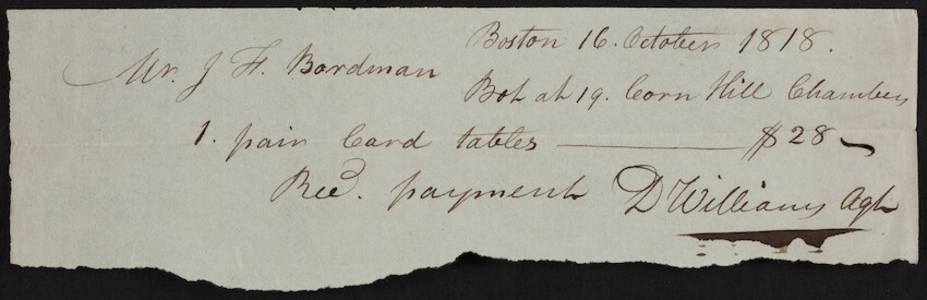 Billhead, D. Williams agent, furniture, bottom at 19 Corn Hill Chambers, Boston, Mass., dated October 16, 1818