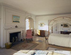 Southwest chamber, showing fireplace and bed, Hamilton House, South Berwick, Maine