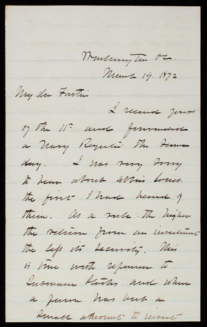 Thomas Lincoln Casey to General Silas Casey, March 19, 1872