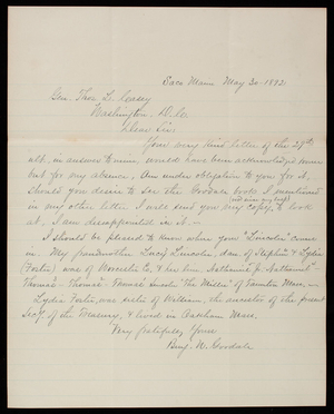 [Benjamin] W. Goodale to Thomas Lincoln Casey, May 30, 1892