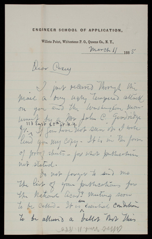 Henry L. Abbot to Thomas Lincoln Casey, March 11, 1885