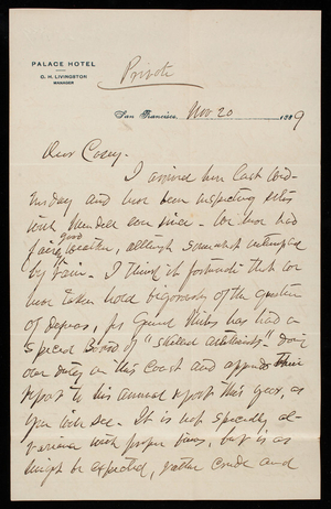 Henry L. Abbot to Thomas Lincoln Casey, November 20, 1889