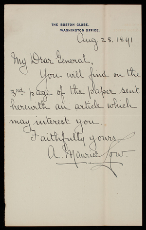 A. Maurice Low to Thomas Lincoln Casey, August 28, 1891