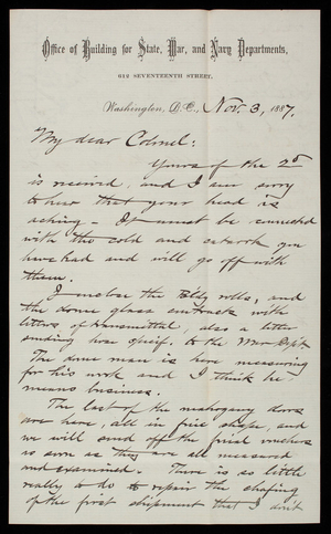 Bernard R. Green to Thomas Lincoln Casey, November 3, 1887