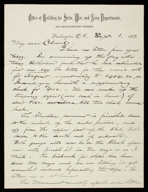 Bernard R. Green to Thomas Lincoln Casey, September 1, 1887