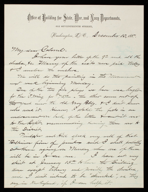 Bernard R. Green to Thomas Lincoln Casey, December 10, 1887