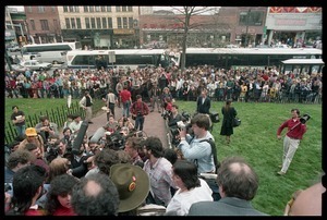 News media and supporters meet the defendants as they leave the Hampshire County Courthouse