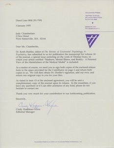 Letter from Cindy Kaufman-Nixon to Judi Chamberlin