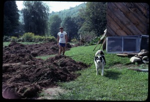 Harvey Wasserman (left) and Schuman the dog on the porch, Montague Farm Commune