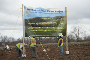 Construction crew setting up banner for opening of the Berkshire Wind Power Project