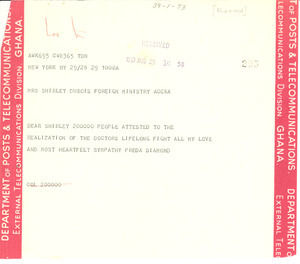 Telegram from Freda Diamond to Shirley Graham Du Bois