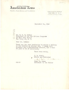 Letter from C. B. Powell and Alger L. Adams to W. E. B. Du Bois