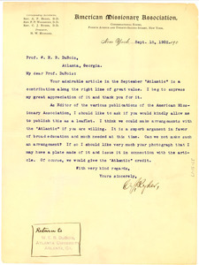 Letter from The American Missionary Association to W. E. B. Du Bois