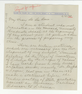 Letter from Oliver W. Tyler, Jr. to W. E. B. Du Bois