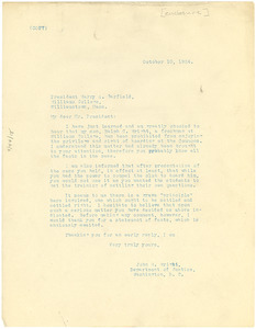 Letter from John. R. Wright to Harry A. Garfield