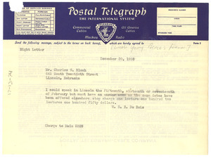 Telegram from W. E. B. Du Bois to Lincoln Young People's Forum
