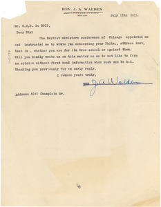 Letter from J. A. Walden to W. E. B. Du Bois