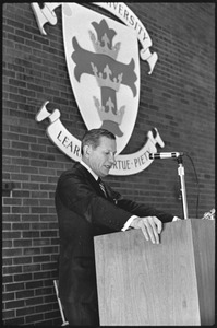 Governor Volpe and Elliot Richardson at Boston University: John Volpe speaking at a podium