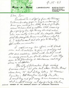 Correspondence from Alyn Hess to Lou Sullivan (September 15, 1983)