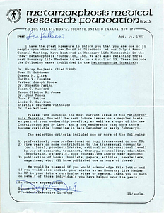 Correspondence from Rupert Raj to Lou Sullivan (August 14, 1987)