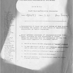 Agenda for staff meeting at the Massachusetts Advocacy Center on June 16, 1983