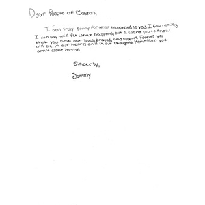 Letter from church youth group in Fresno, California