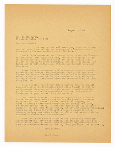 Letter from Tom O'Connor to Mrs. Joseph [Ramona] Barth, August 27, 1962