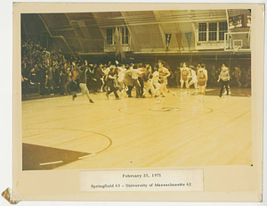 Springfield College celebrating victory against Dr. J and the University of Massachusetts, February 23, 1971