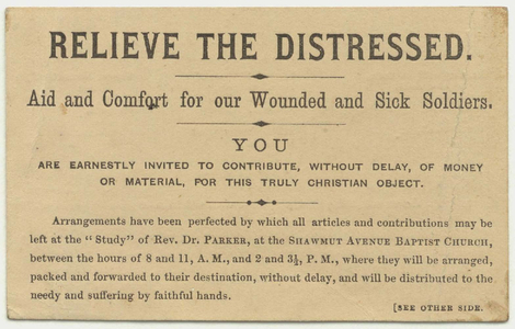 Relieve the distressed : aid and comfort for our wounded and sick soldiers, between 1861 and 1864