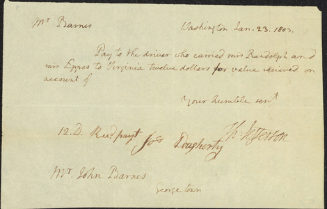 Note from Thomas Jefferson to John Barnes, 1803 January 23