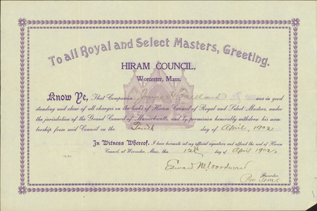 Royal and Select Masters dimit issued to James H. Freeland, 1902 April 12