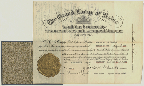 Traveling Master Mason certificate issued by the Grand Lodge of Maine to Arthur Anton Pearson, 1942 February 13