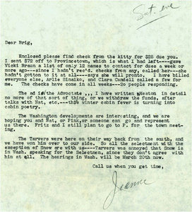 Letter from Jeanne Bultman to "Brig" concerning the Seashore Park